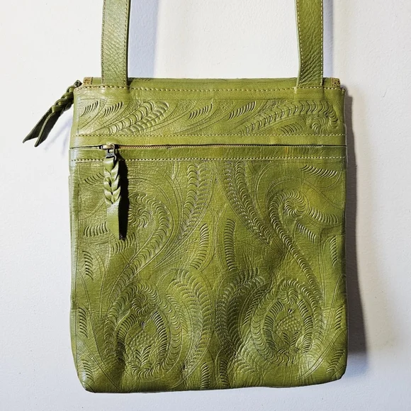 Artisan Etched Leather Crossbody Purse 10" x 12" Tooled Boho EUC - Picture 2 of 4
